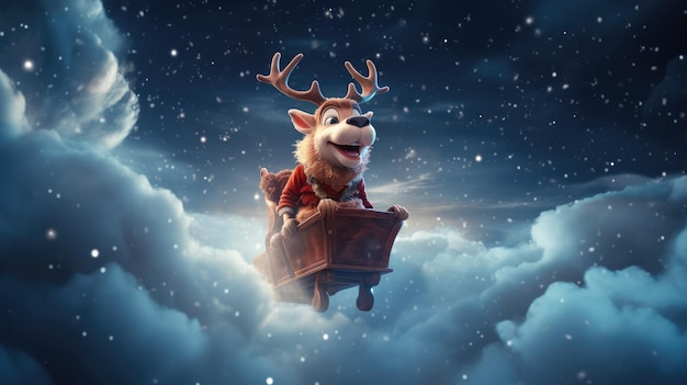 A jolly reindeer with a bright red nose pulling Santa039s sleigh through the night sky
