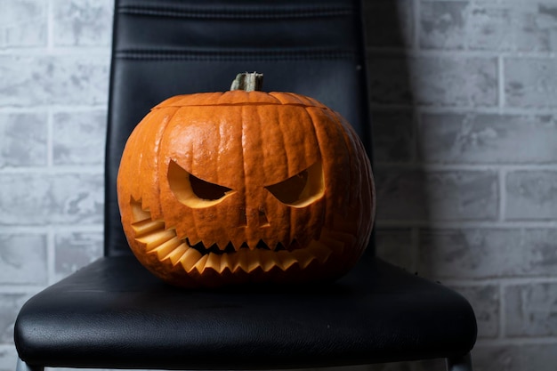 Jolly Roger on a black chair against a gray brick wall