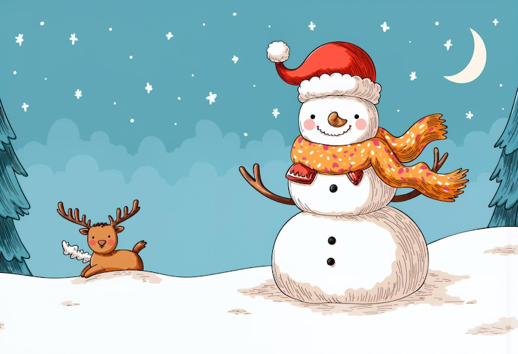 Photo jolly snowman and reindeer in winter wonderland scene