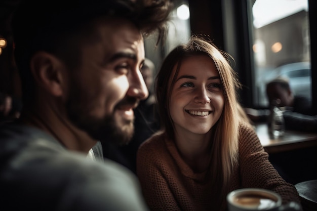 Jong aantrekkelijk stel drinkt koffie en rust uit in een gezellige loft coffeeshop generatieve ai