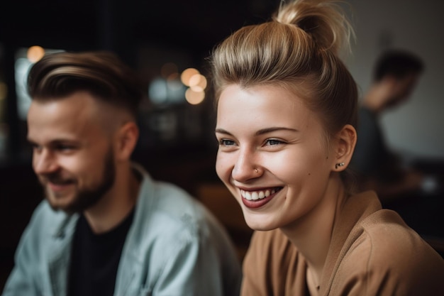 Jong aantrekkelijk stel drinkt koffie en rust uit in een gezellige loft coffeeshop generatieve ai