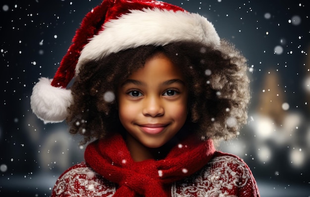Jong Afro-Amerikaans meisje in een kerstman outfit met een kerst achtergrond