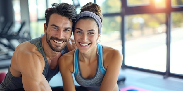 Foto jong atletisch gelukkig stel in de sportschool een vrouw en een man doen fitness gezonde levensstijl concept