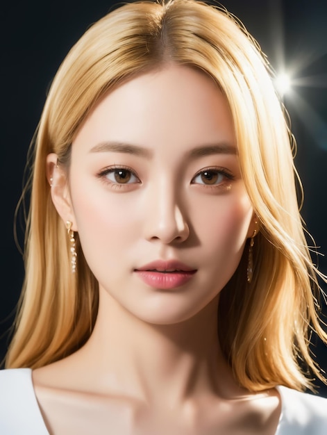 Jong aziatisch de dameblond haar van het schoonheidsbureau met Koreaanse make-upstijl op gezicht met studioachtergrond