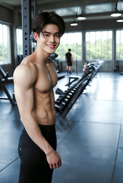 Jong Aziatisch mannelijk model heldere glimlach goede figuur oefening achtergrond in de sportschool Genereren AI
