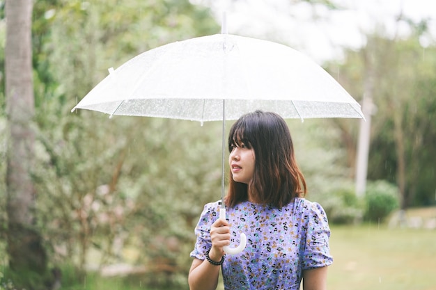 Jong Aziatisch meisje in de regen met een paraplu.