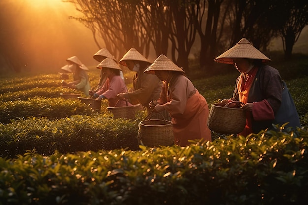 Jong Chinees vrouwenportret die thee plukken bij dageraad Generatieve AI