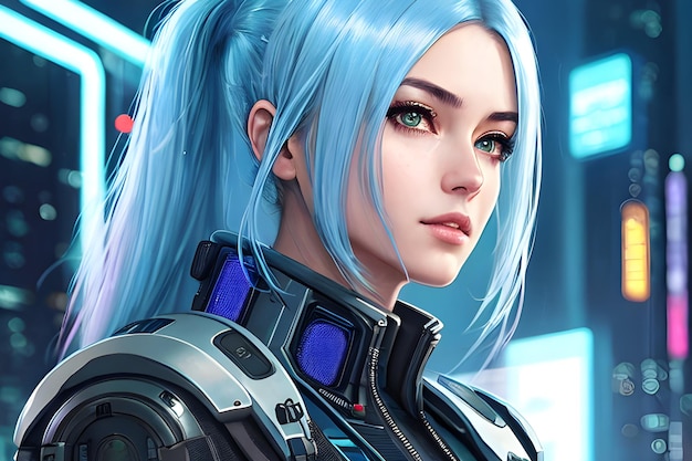 Jong cyborg meisje met blauw haar Futuristisch cyber meisje AI Generatief