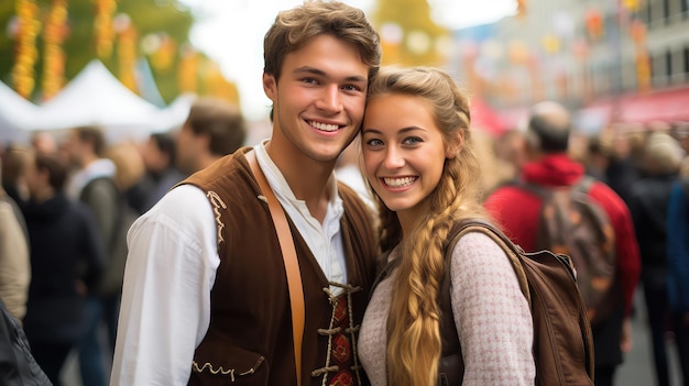 Jong Duits echtpaar in traditionele kleding bij de Oktoberfest-parade in Duitsland