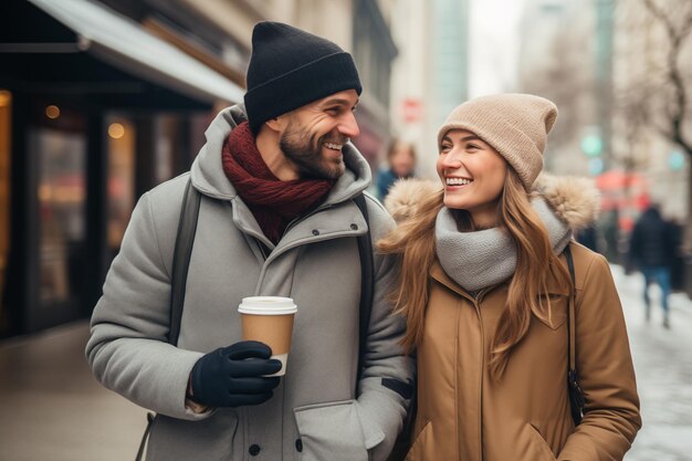 Jong echtpaar buiten met een koffie om mee te nemen