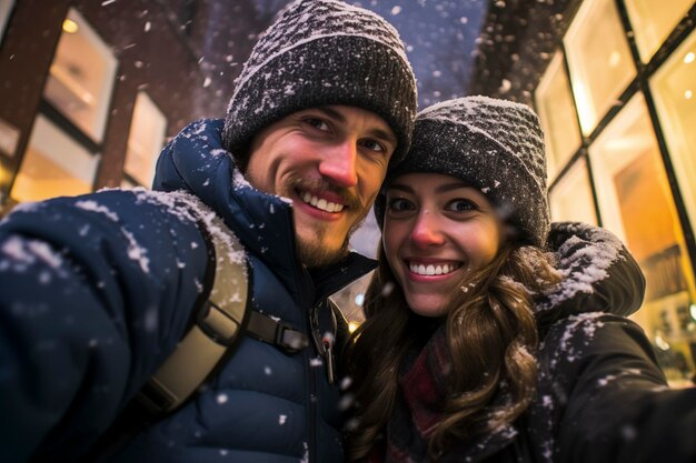 Jong echtpaar in winterkleding neemt een selfie-foto in de stad met wintersneeuw Gelukkige vriendjes met rugzak buiten wandelen Recreatie sport en mensen concept