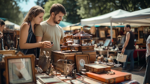 Jong echtpaar koopt antiek op een vlooienmarkt. Ze kijken naar een verscheidenheid aan items, waaronder meubels en kunstwerken.