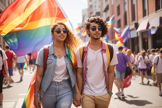 Foto jong echtpaar loopt met regenboogvlaggen tijdens de trotsparade in de stadsstraat