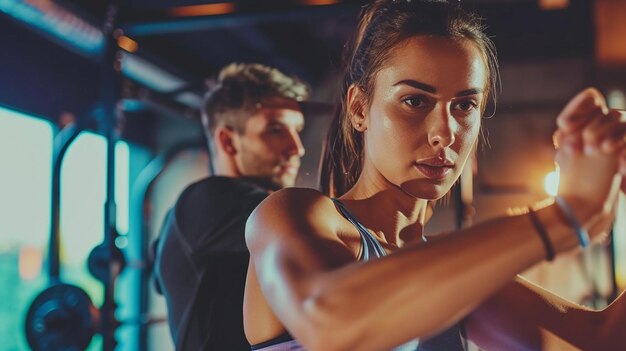 jong echtpaar oefent met dumbbells in de sportschool