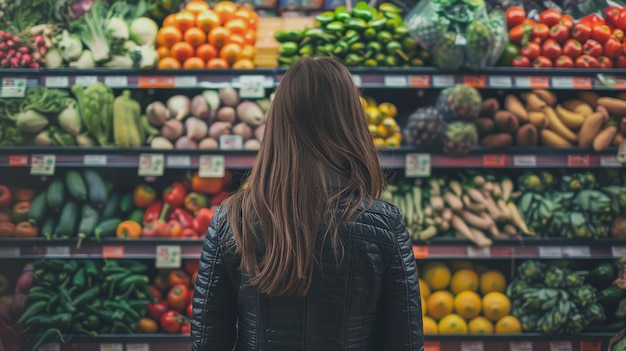 Jong echtpaar onderzoekt groenten samen in de supermarkt Geniet van boodschappen