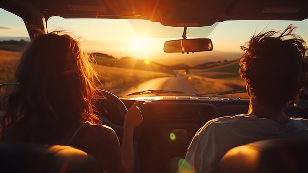 Foto jong echtpaar rijdt op een road trip bij zonsondergang