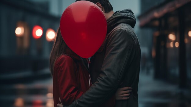 Foto jong echtpaar viert valentijnsdag terwijl ze elkaar knuffelen en een ballon vasthouden