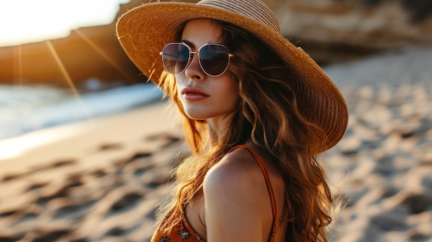 Jong, fantastisch uitziend vrouwelijk model poseert op het zonnige zandstrand in een zonnebril en een grote hoed.