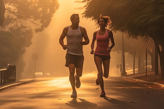 Jong fitness koppel joggen bij zonsopgang in de stad Gezonde levensstijl Een koppel volwassenen op een ochtend run AI gegenereerd