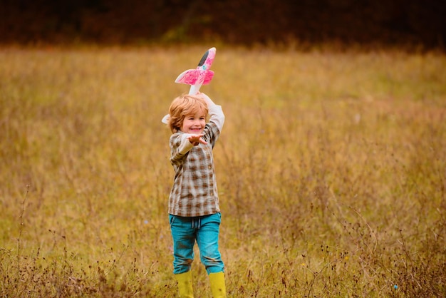 Jong geitje die pret hebben met stuk speelgoed vliegtuig in gebiedsportret van kinderen tegen de achtergrond van de de zomerhemel op gebied