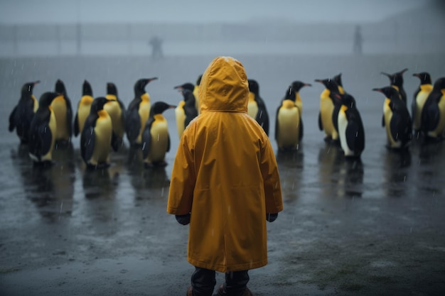 Jong geitje in gele regenjas die zich tussen pinguïnen bevindt Generatieve ai