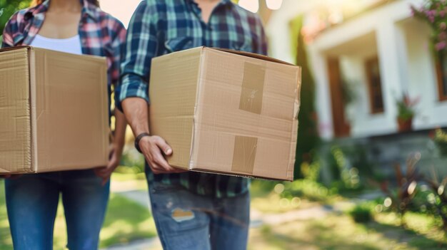 Foto jong gelukkig echtpaar verhuist naar een nieuw huis met papieren dozen in de handen