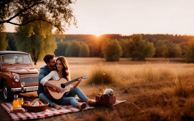 jong gelukkig stel geniet van een picknick bij zonsondergang met gitaar