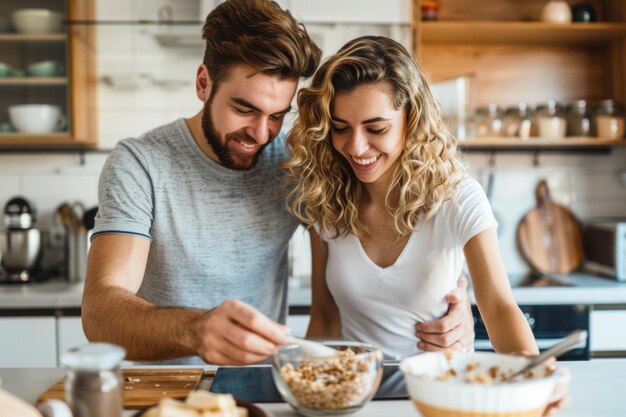 Foto jong getrouwd hipsterpaar ontbijt in de keuken.