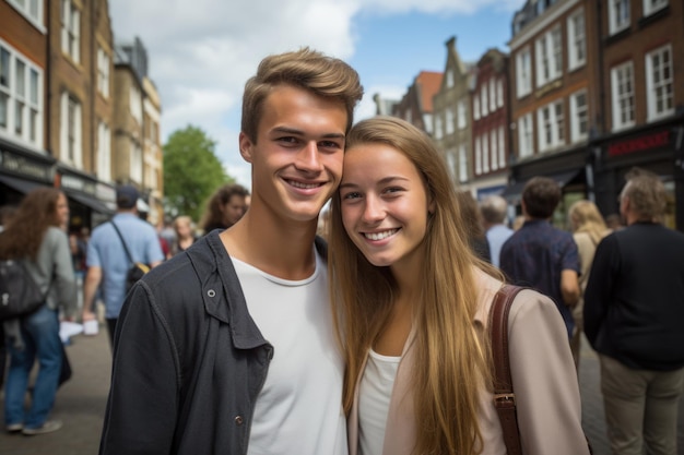 Jong getrouwd stel met een fotoshoot in de stad