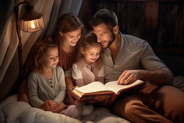 Jong gezin met twee kleine kinderen binnenshuis in de slaapkamer die een boek lezen