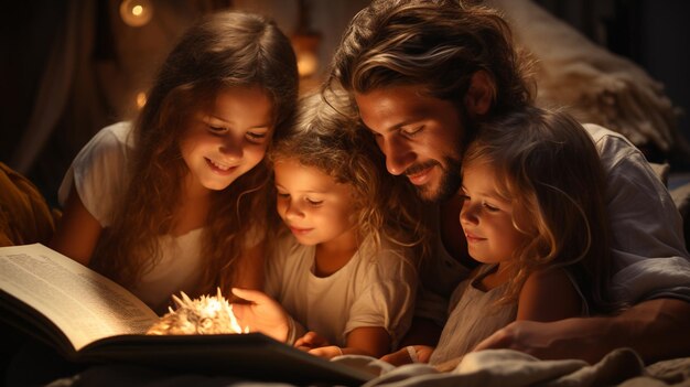 Jong gezin met twee kleine kinderen die binnen in de slaapkamer een boek lezen