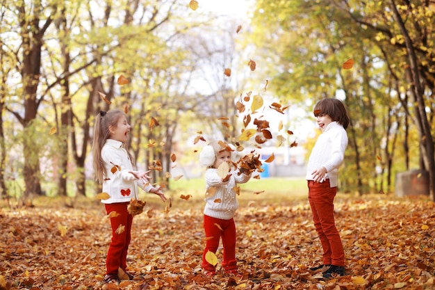 Jong gezin op een wandeling in het herfstpark op een zonnige dag Geluk om samen te zijn