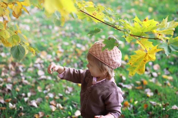 Jong gezin op een wandeling in het herfstpark op een zonnige dag Geluk om samen te zijn