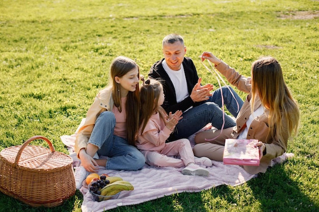 Jong gezin tijd samen doorbrengen en picknicken in een park