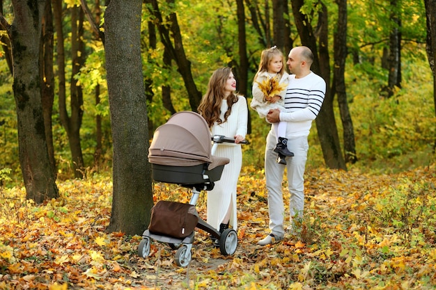 Jong gezin van vier loopt naar beneden in het gouden herfstpark
