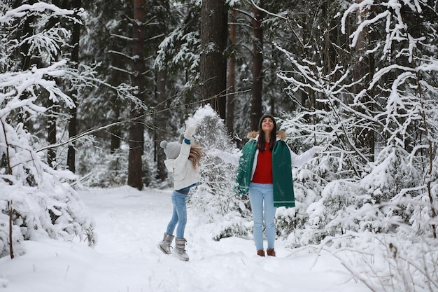 Jong gezin voor een wandeling Moeder en dochter wandelen in een winterpark