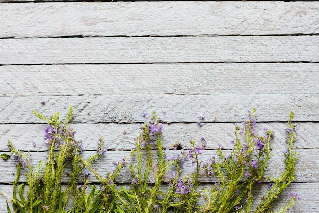 Jong gras paarse lavendel ligt op een oude houten tafel
