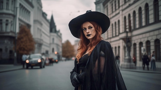 Jong halloween-heksenmeisje in de straat van een grote stad ai gegenereerd