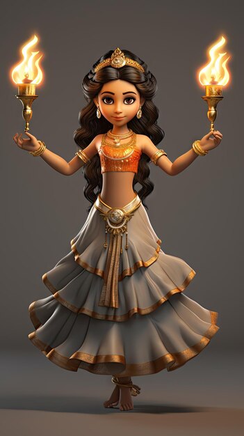 Jong Indiaas meisje houdt Diya lamp Diwali 3D cartoon vast