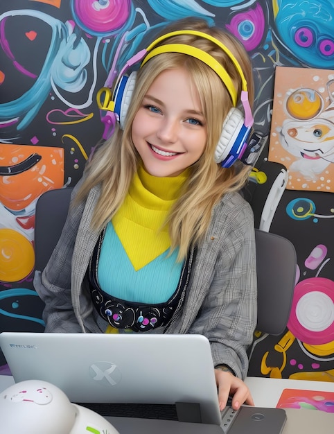 Jong inhoudsmaker ontmoet een glimlachend blond meisje met koptelefoon die haar oren siert door AI gegenereerd