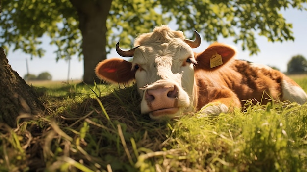 Jong kalf rust op groen weidegras op zomerdag Voeden van vee op boerderijgrasland