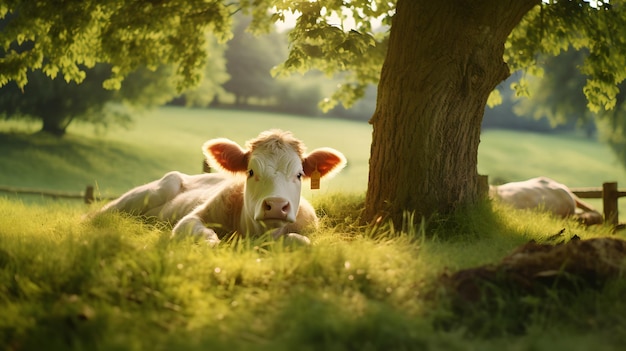 Jong kalf rust op groen weidegras op zomerdag Voeden van vee op boerderijgrasland