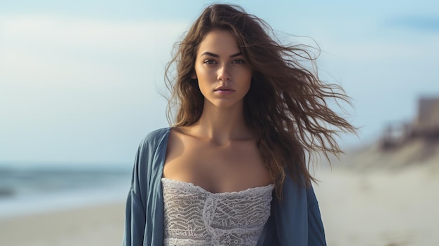 Jong Kaukasisch vrouwelijk model op het strand