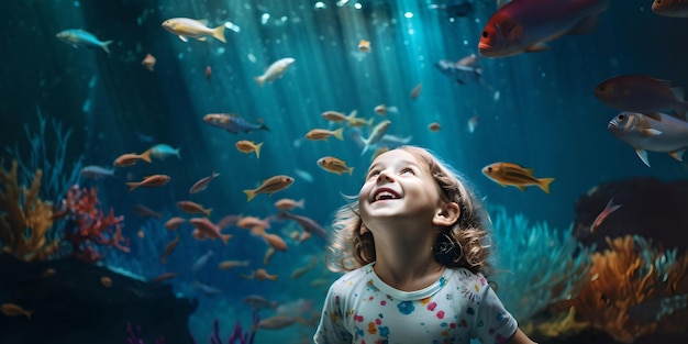 Jong kind in ontzag bij een aquarium kleurrijke vissen om haar heen een moment van verwondering en vreugde gevangen AI