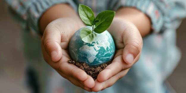 Jong kind met een geschilderde aarde met plantenspruit Concept van milieuzorg