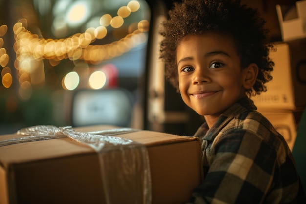 Jong kind met een vreugdevolle uitdrukking met een cadeau doos met warme feestelijke lichten op de achtergrond