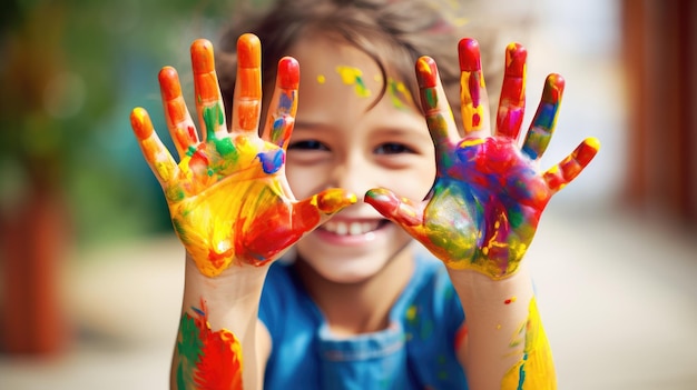 Foto jong kind met handen in verf terwijl hij schildert gecreëerd met generative ai technologie