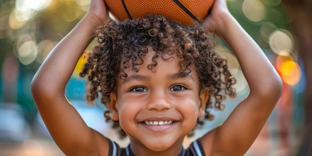 Jong kind met krullend haar dat een basketbal met beide handen buiten opheft