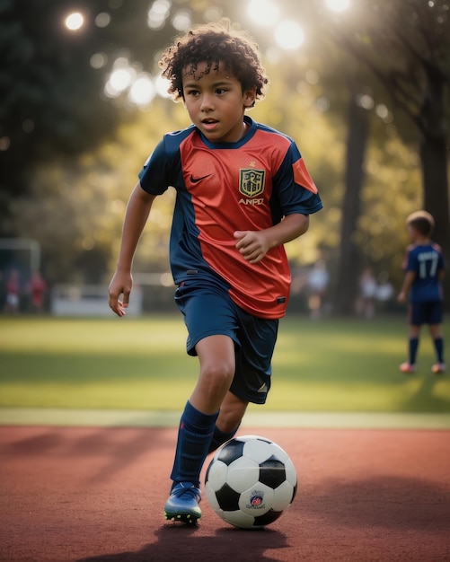 Jong kind speelt voetbal in het park.