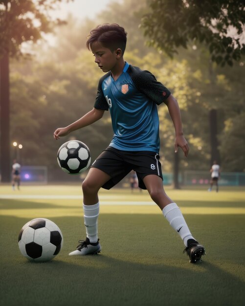 Jong kind speelt voetbal in het park.